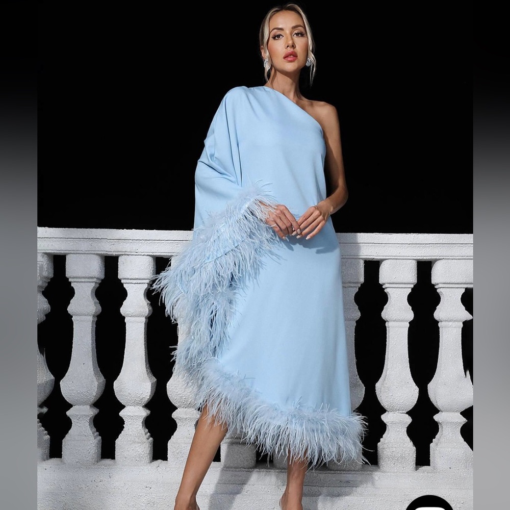 NWT Ceridwen One Shoulder Feather Trimmed Midi Dress In Light Blue